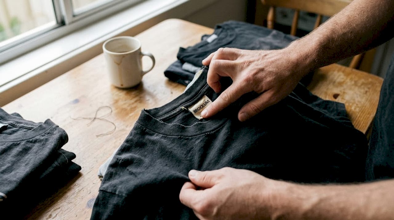 Hands inspecting vintage t-shirt tag and fabric