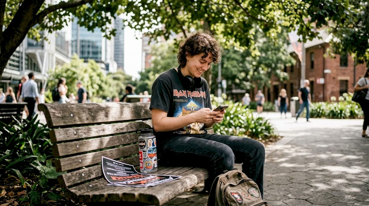 Person wearing metal tee reminiscing music memories