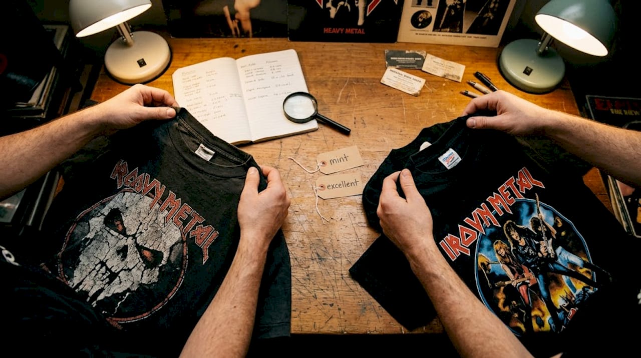 Hands inspecting grades of vintage metal shirts