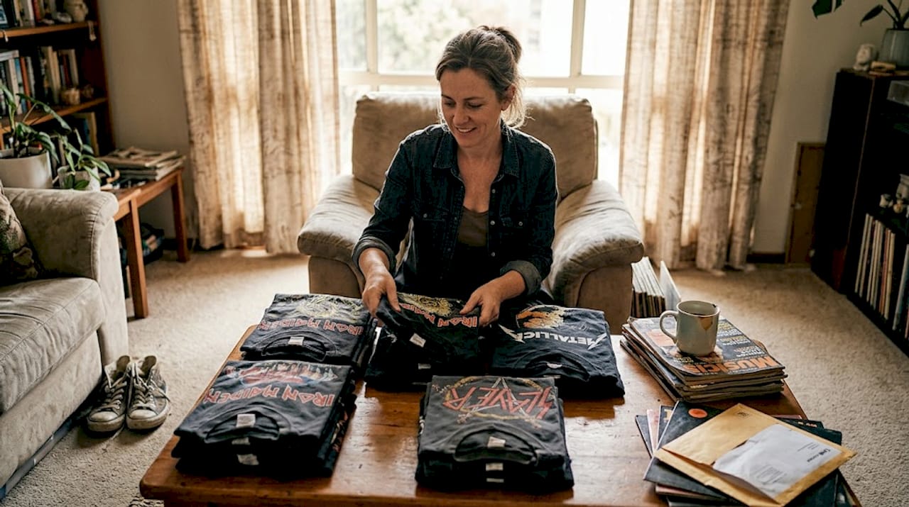 Collector organizing vintage band T-shirts at home