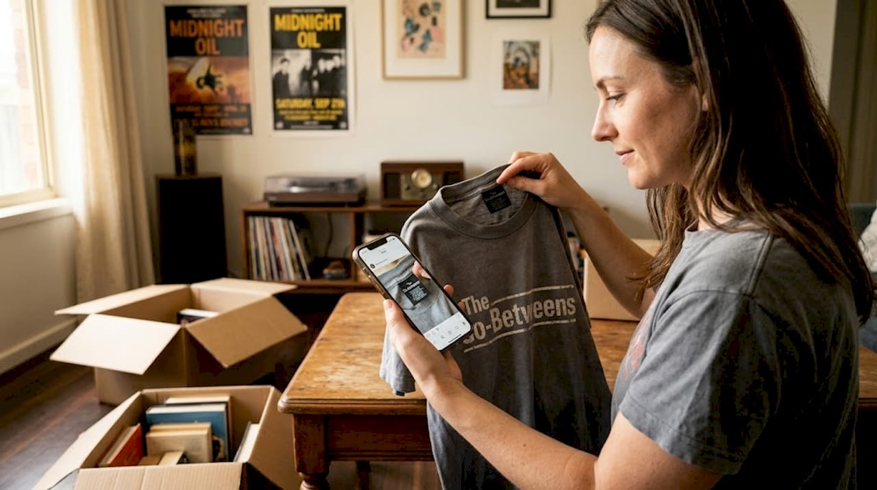 Person verifying authenticity of retro shirt