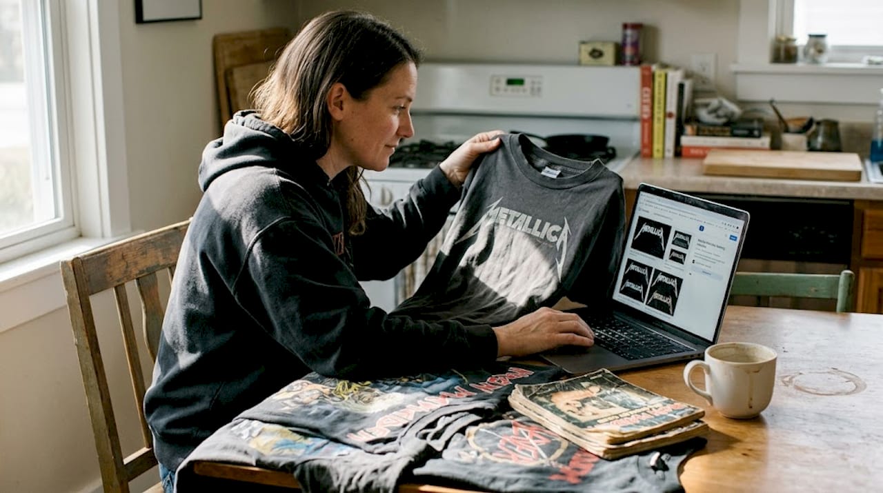 Collector reviewing vintage Metallica band shirt