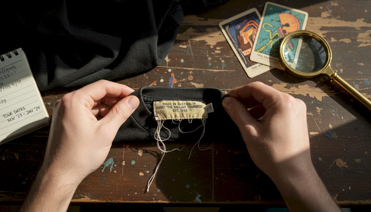Hands showing authentic vintage shirt tag details