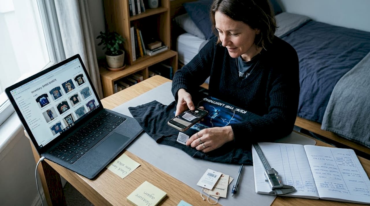 Woman documenting vintage band shirt authenticity
