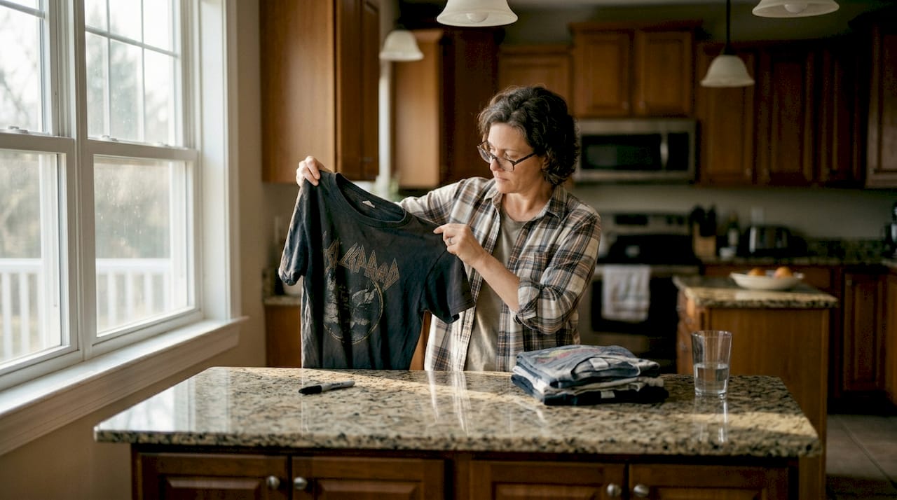 Woman inspecting vintage band shirt details
