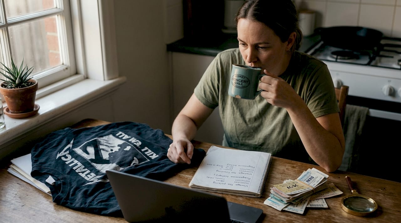 Collector researching rare metal band shirts