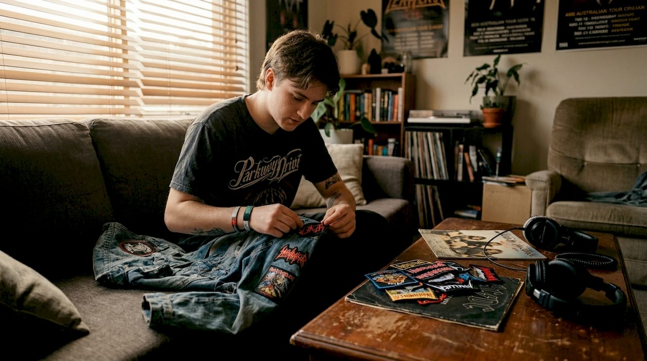 Metal fan arranges band patches on jacket
