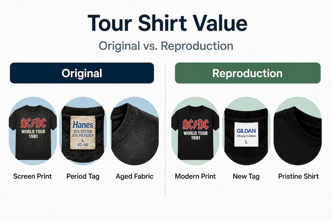Infographic comparing original and reproduction tour shirts
