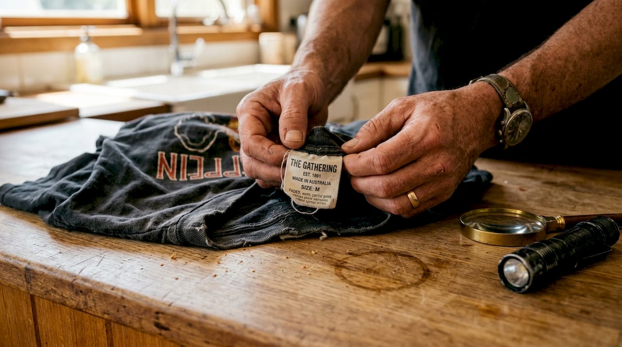Hands checking authenticity of band shirt tag