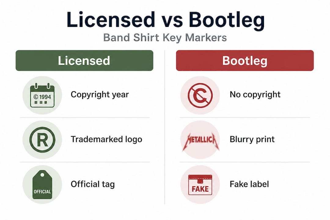 Infographic comparing licensed and bootleg band shirts