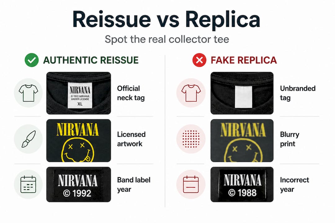 Infographic comparing real and fake reissued tees