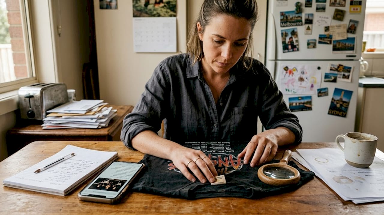 Woman authenticating vintage event shirt at kitchen table