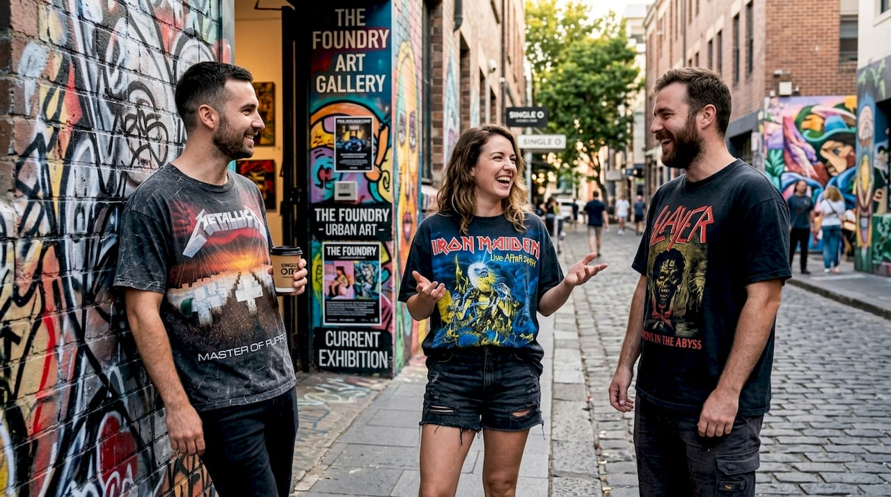 Friends wearing oversized 90s band shirts