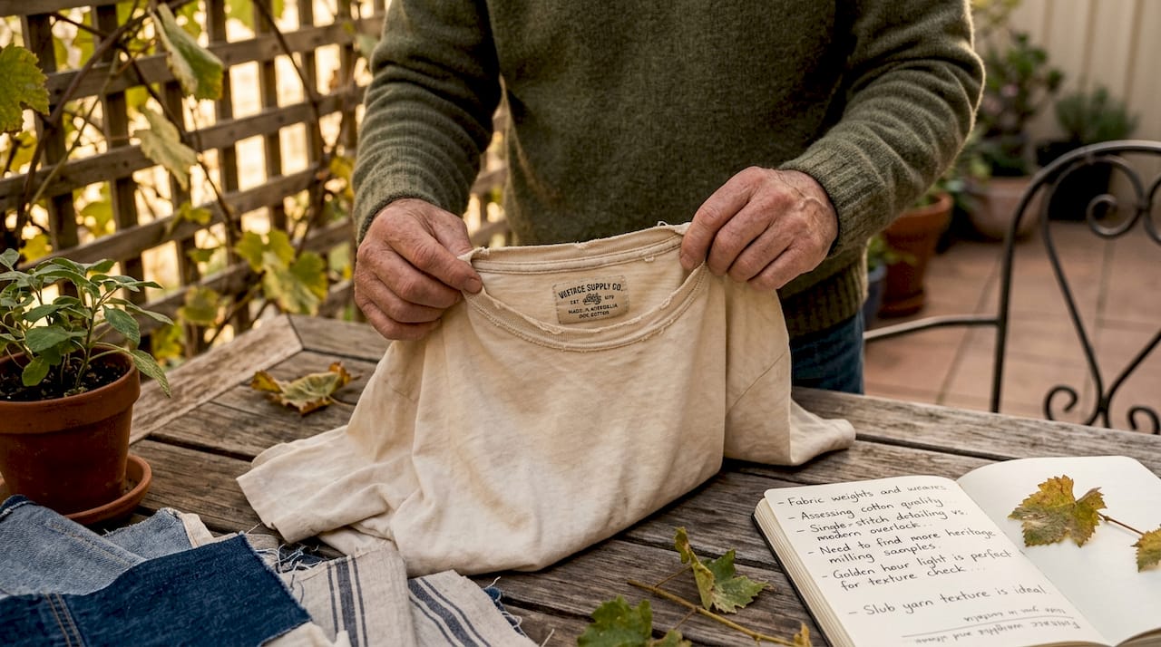 Hands inspecting vintage tee stitching and collar
