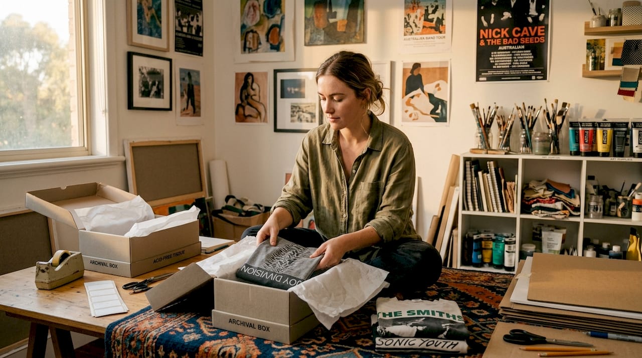 Woman storing shirt in archival box