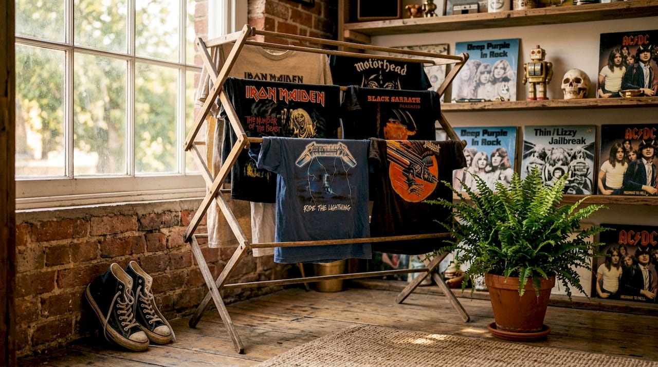 Vintage t shirts air drying on rack