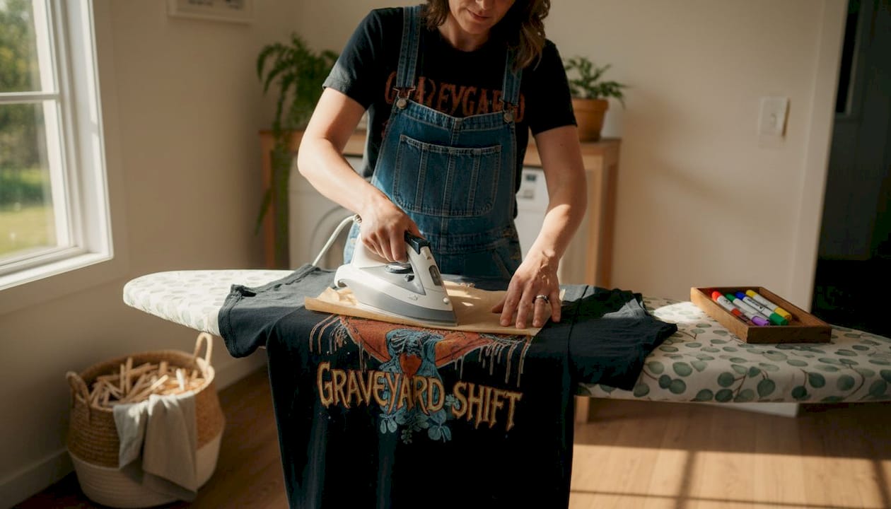 Woman restoring cracked print on vintage shirt