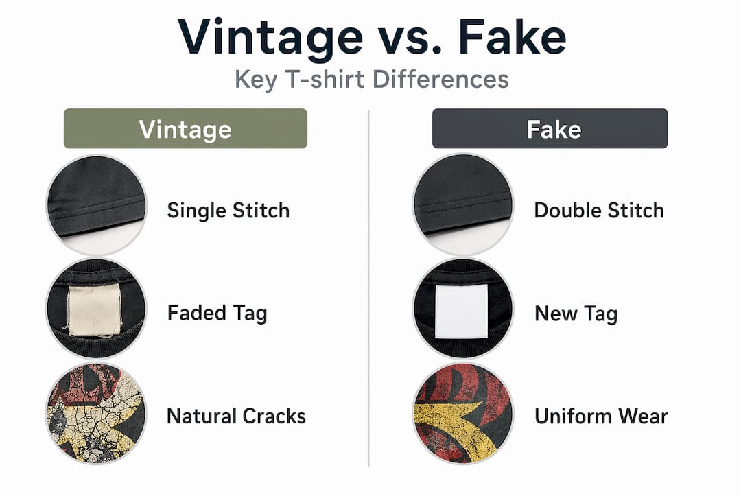 Infographic contrasting vintage and fake band t-shirts