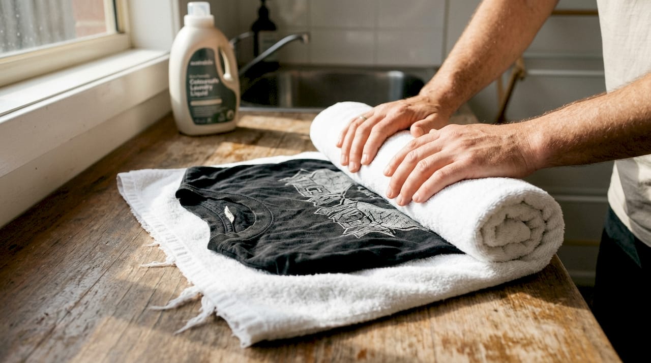 Hands rolling band shirt in towel to dry
