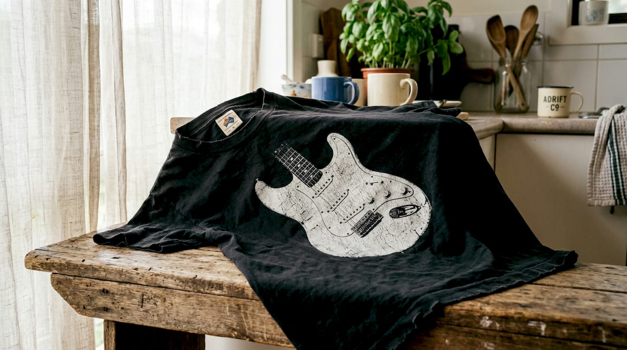 Close-up of worn classic tour band t-shirt