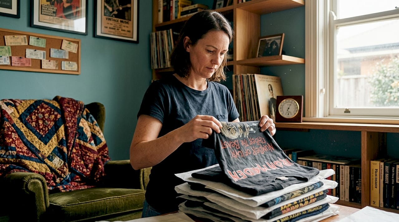 Woman storing vintage shirts in bedroom closet
