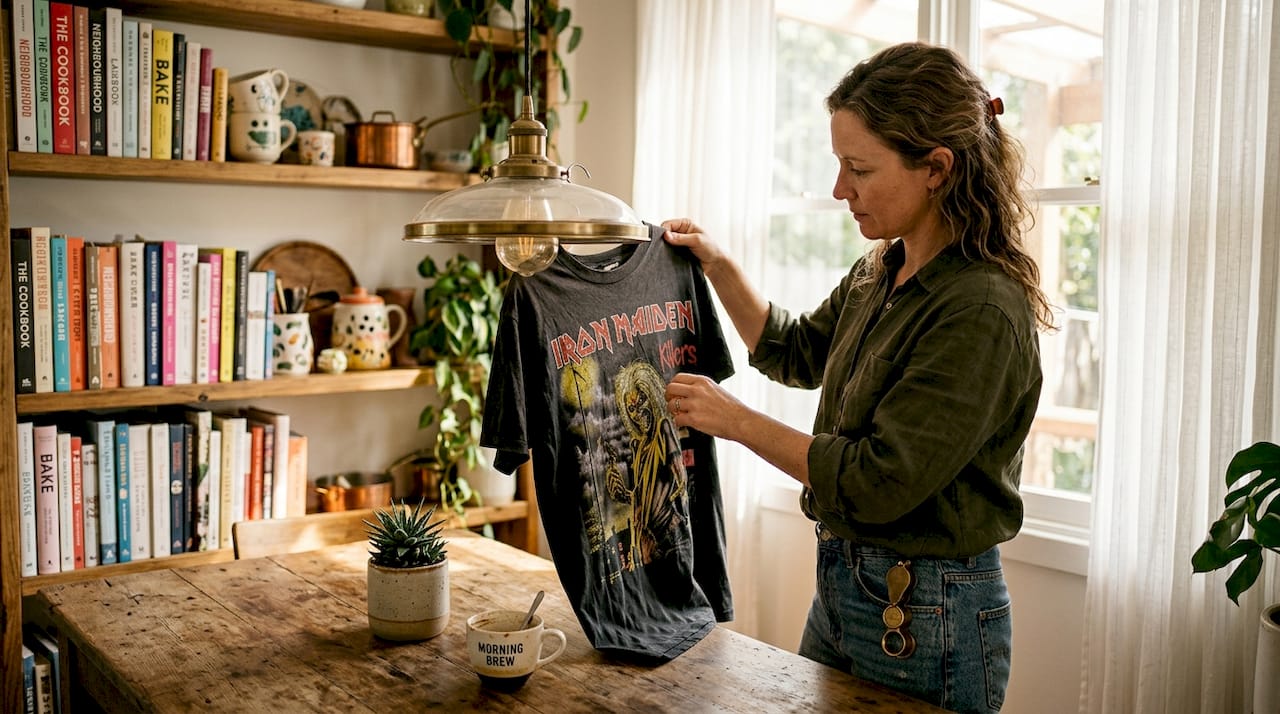 Woman inspecting shirt print quality