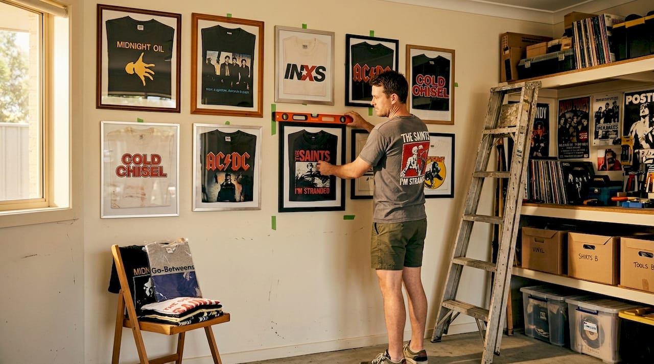 Grid arrangement of framed collector shirts on wall