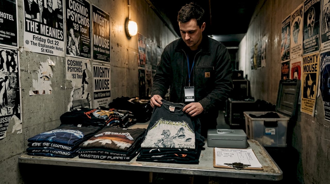 Staff restocking vintage metal band T-shirts