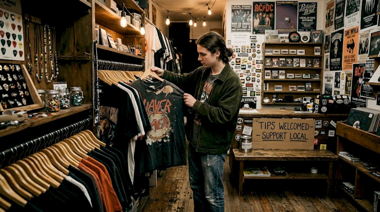 Fan browsing vintage metal shirts in shop