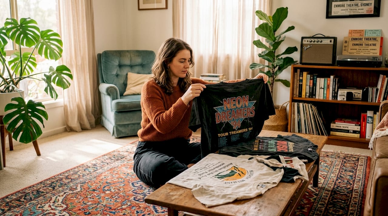Woman sorts vintage promo shirts at home