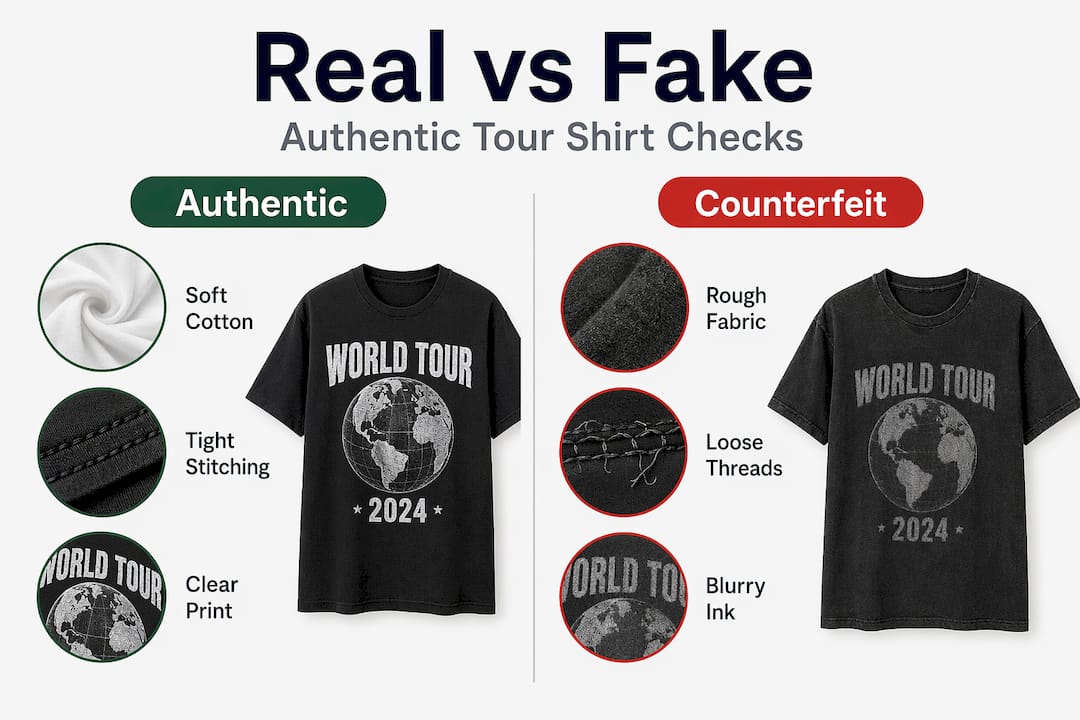 Infographic comparing real and fake tour shirt features