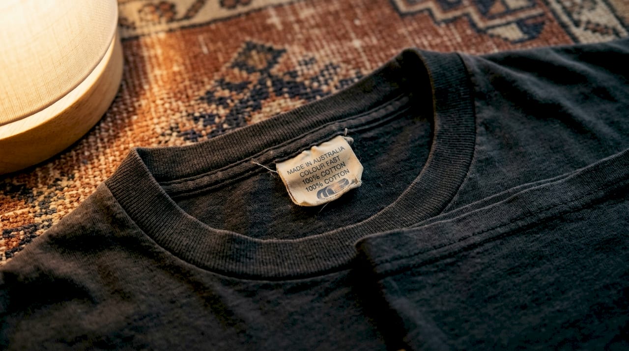 Close-up of vintage band tee collar and stitching
