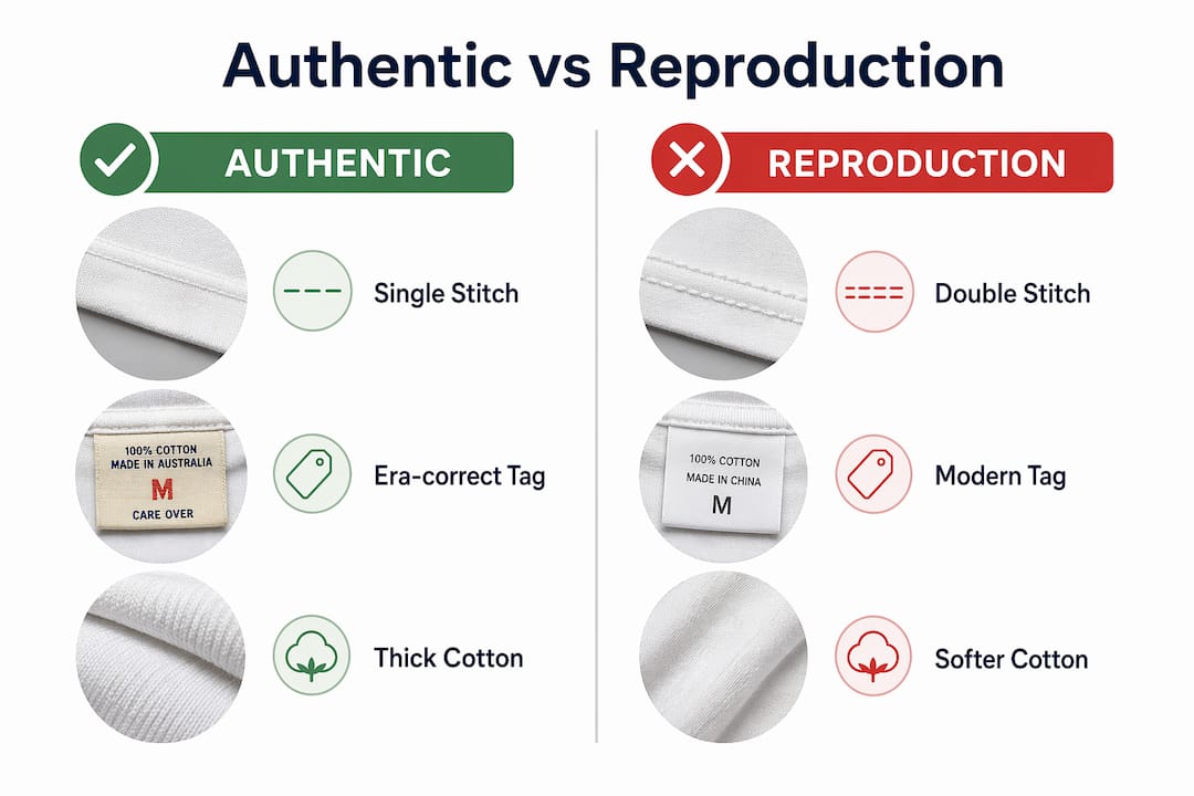 Infographic comparing authentic and reproduction band tees