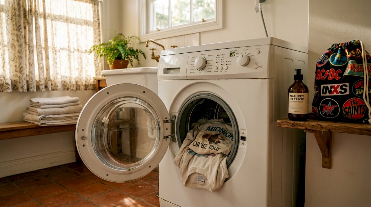 Vintage t-shirts in washing machine, delicate cycle