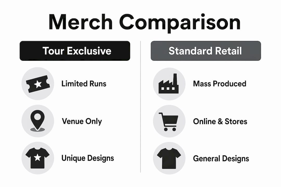 Infographic comparing tour exclusive and standard retail merch