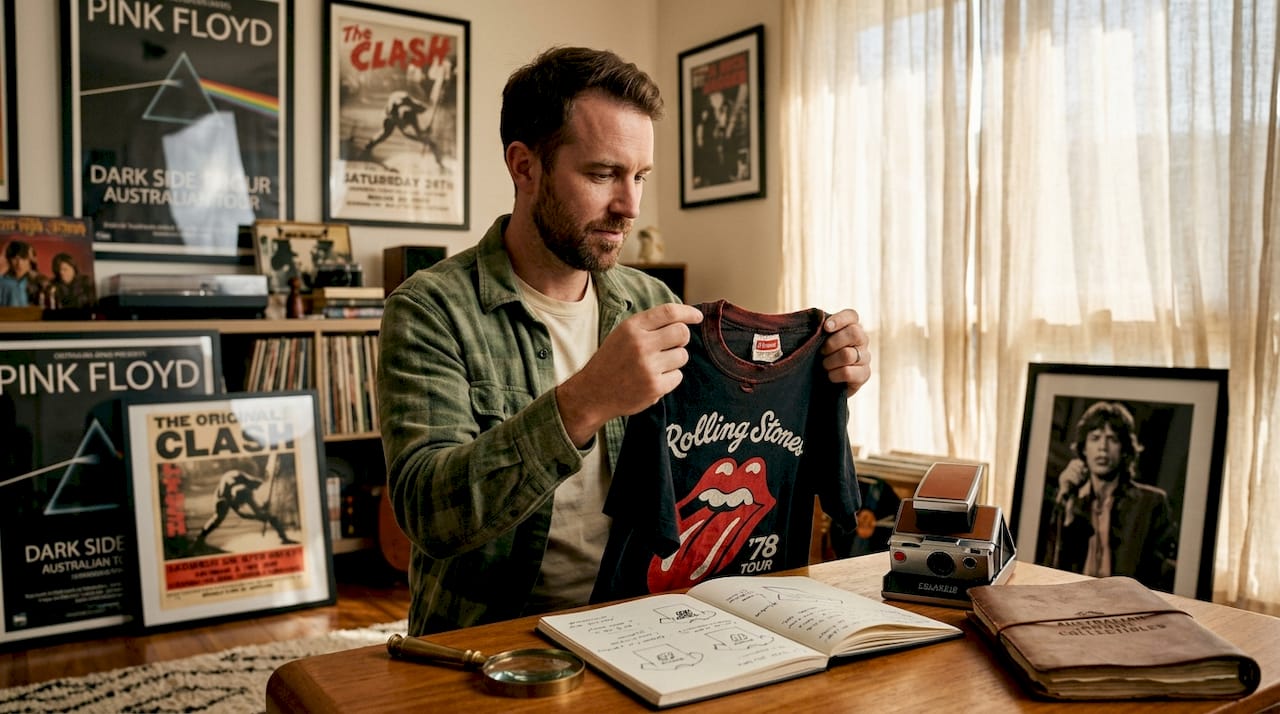 Collector inspecting Rolling Stones shirt tag