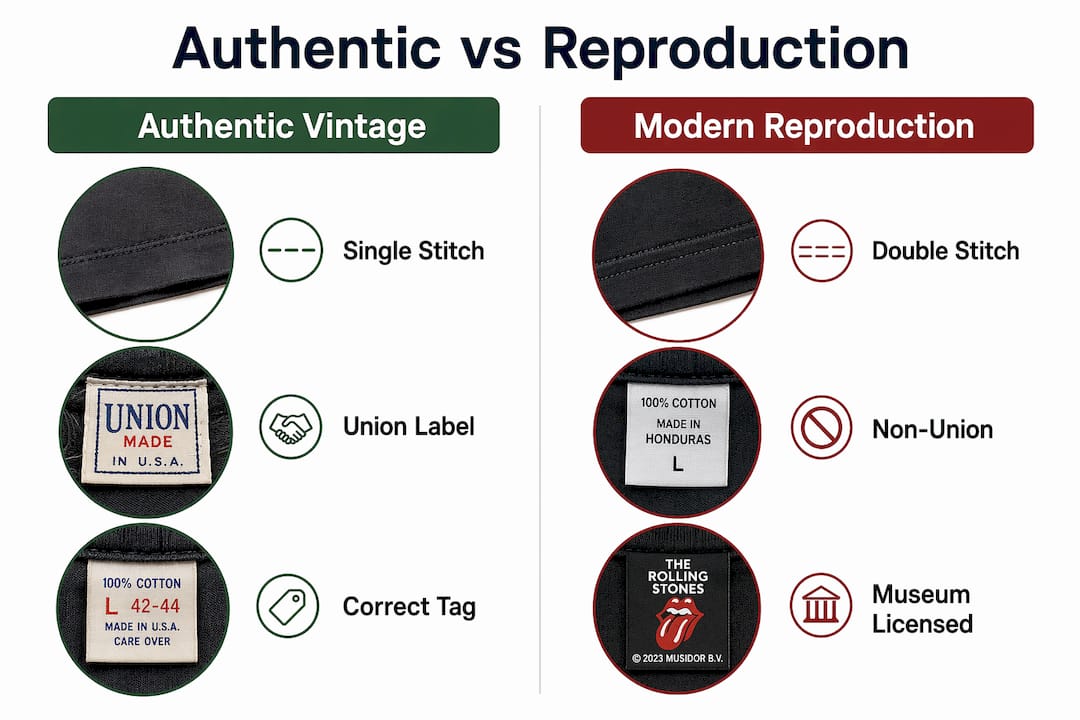 Infographic comparing authentic and reproduction Rolling Stones shirts
