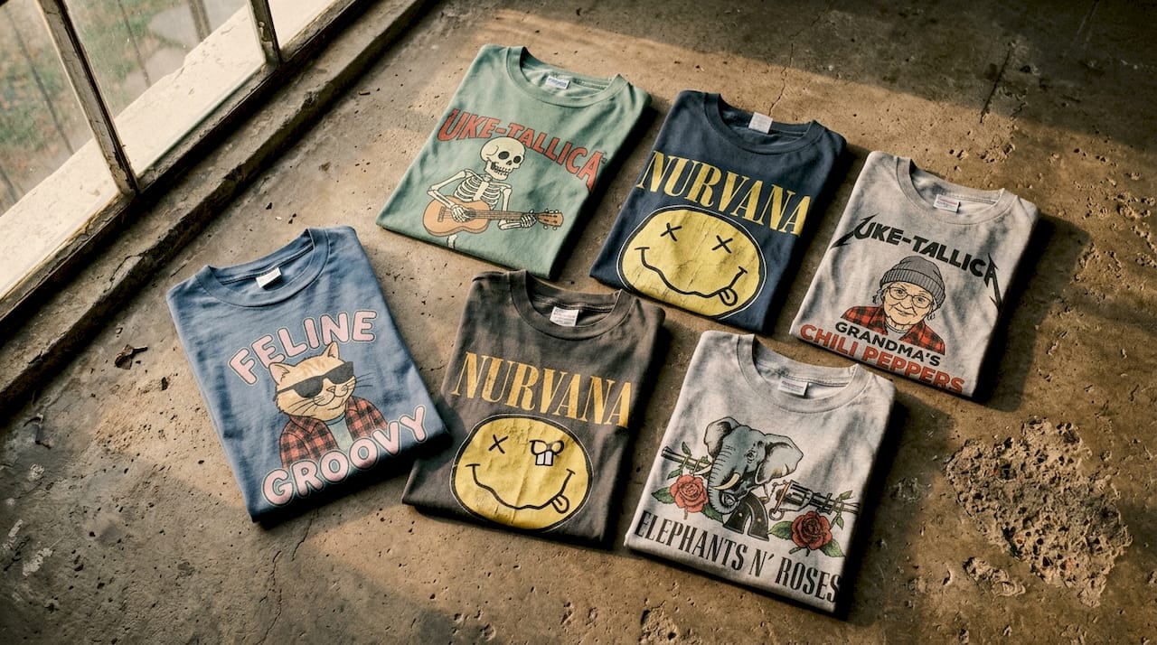 Close-up of folded vintage bootleg band shirts