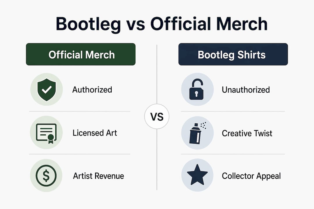 Infographic comparing bootleg band shirts and official merchandise