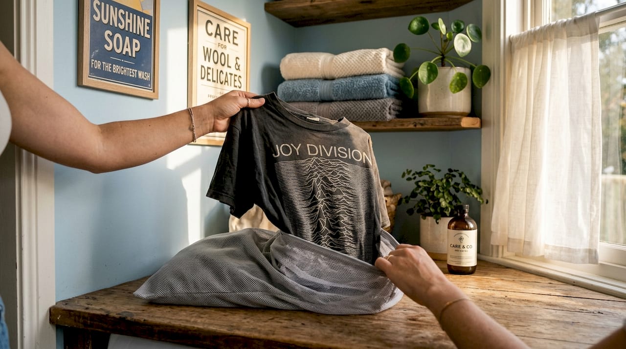 Hands placing shirt in mesh laundry bag for washing