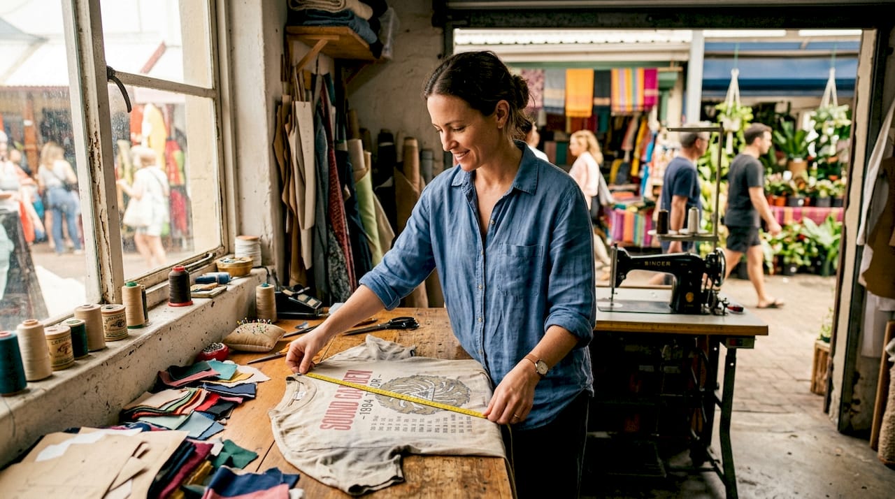 Tailor measuring vintage tour shirt in workshop