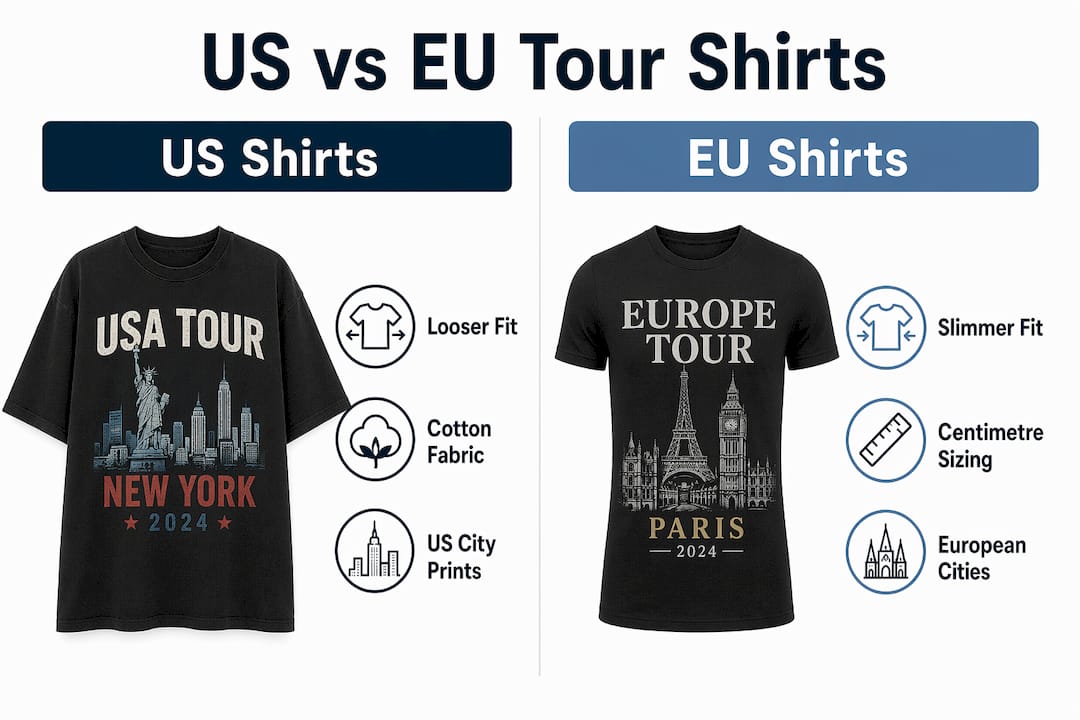 Infographic comparing US and EU tour shirts characteristics