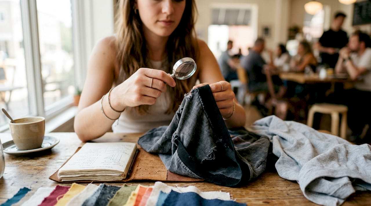 Hands inspecting vintage shirt fabric closely