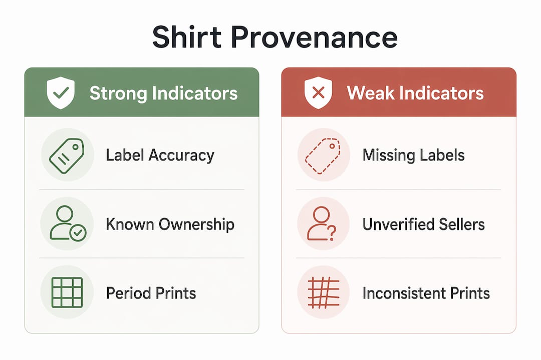 Infographic comparing strong and weak shirt provenance indicators