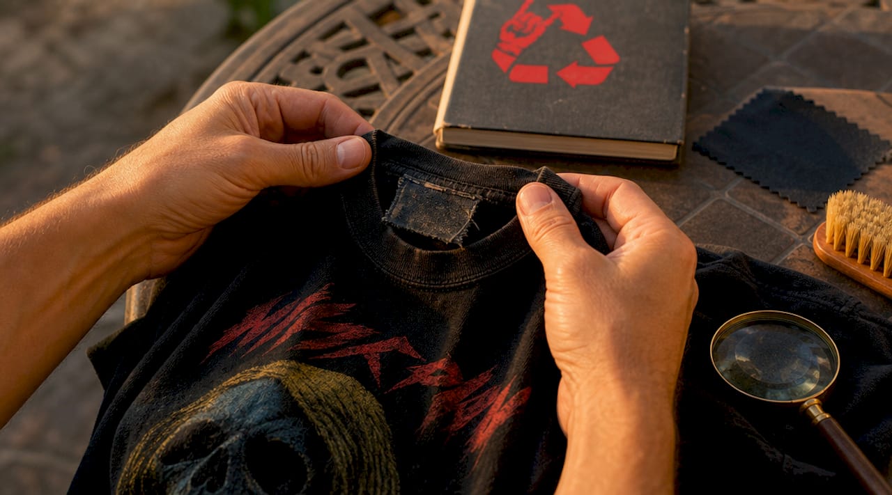 Close-up of hands inspecting vintage tee brand tag