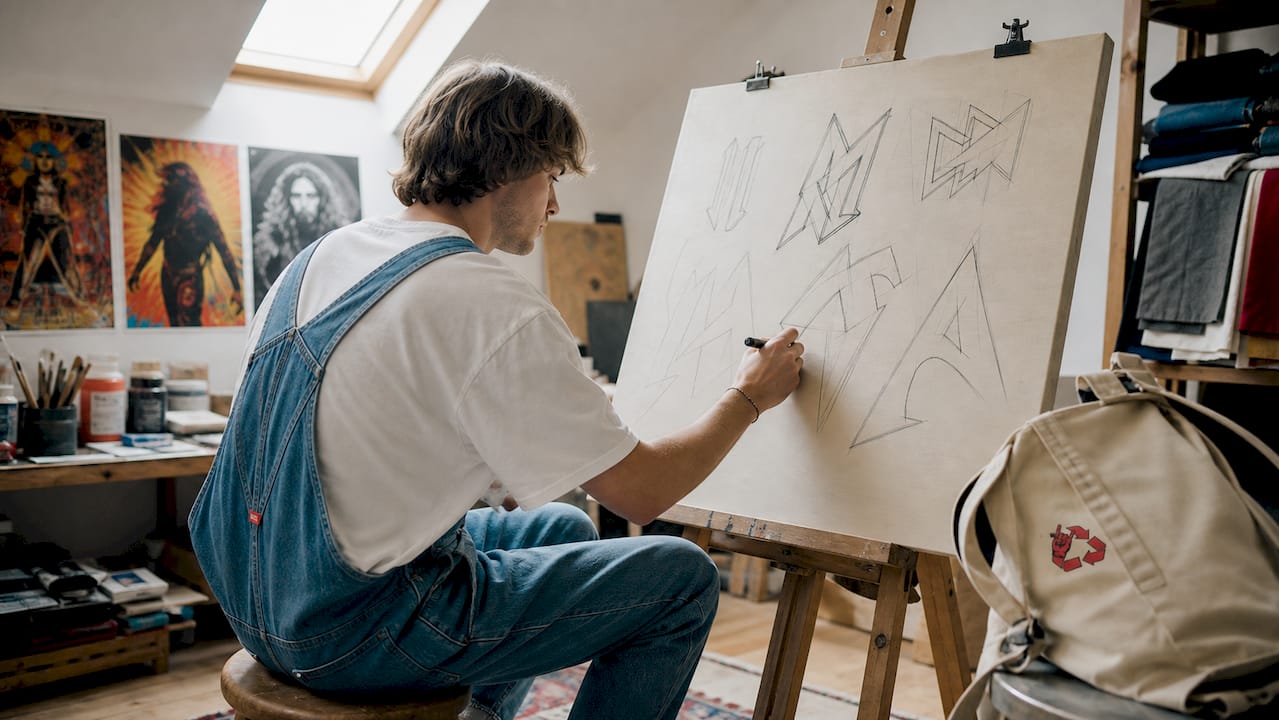 Designer sketching vintage metal t-shirt typography