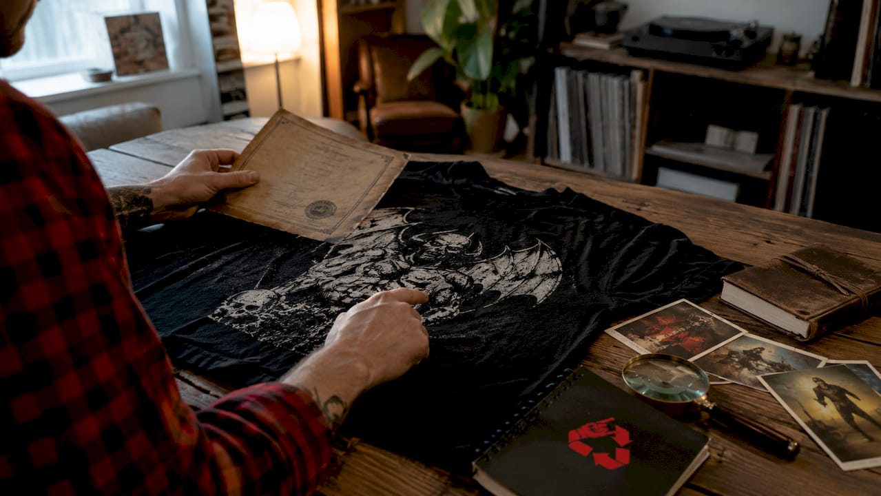 Hands verifying metal shirt provenance documents
