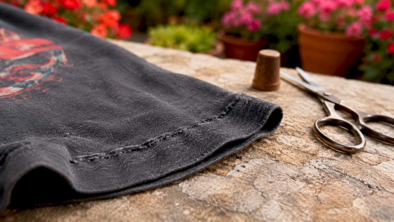 Close-up of single stitch on band shirt sleeve hem