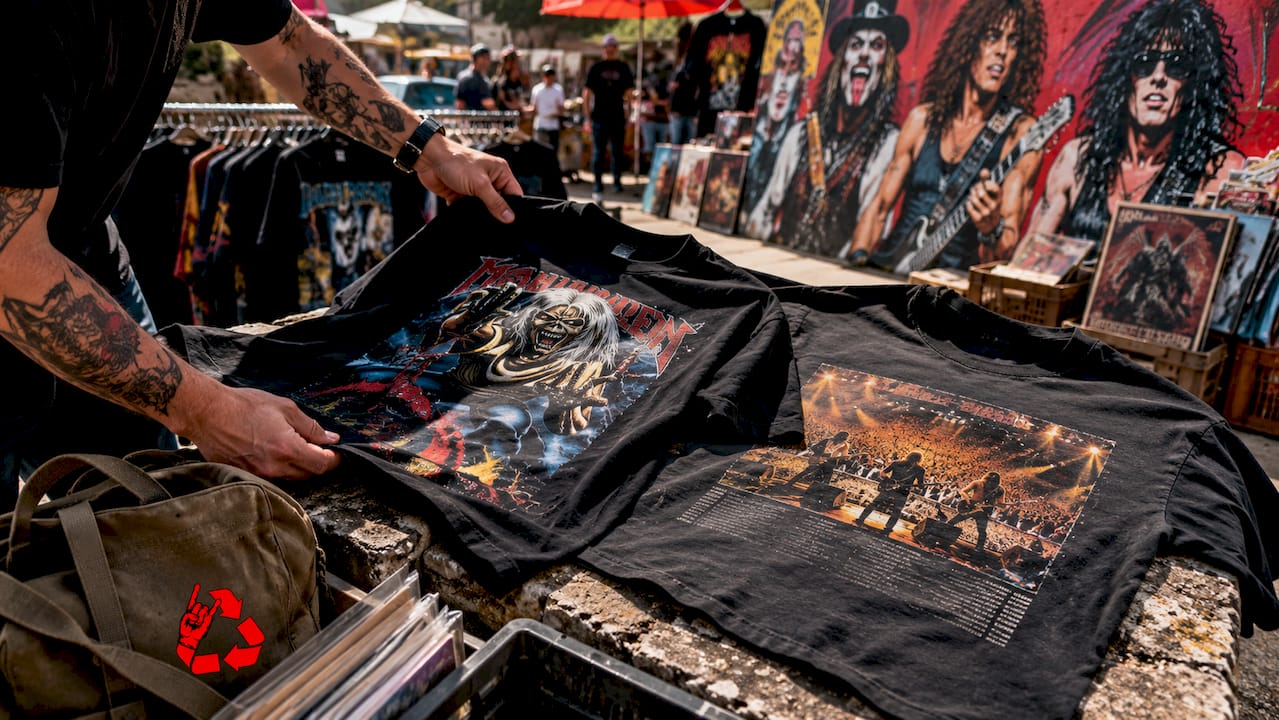 Hands showing front and back print of metal shirt