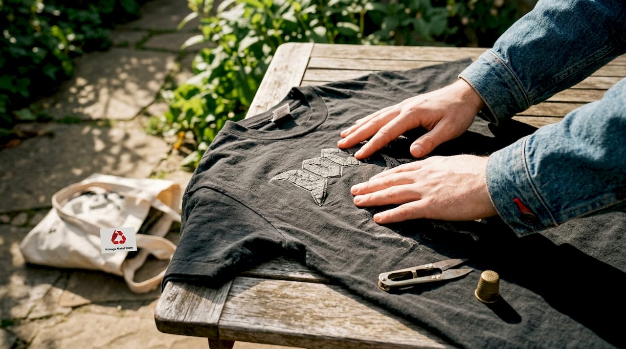 Close-up of hands feeling vintage metal shirt print texture